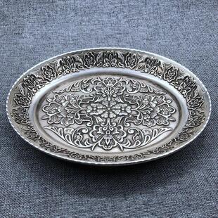 仿古白铜镀银龙凤碟子笔洗盘子摆件套装宣字底款复古雕花椭圆银碗