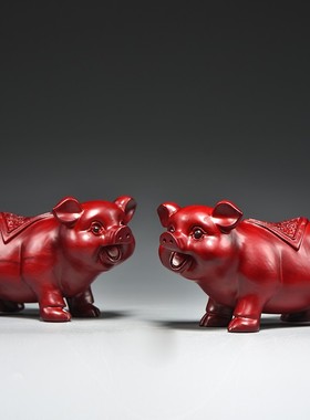 客厅实木质雕刻猪摆件二生肖猪动物红色家居电视柜玄关装饰工艺品
