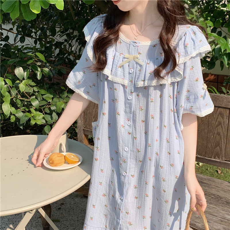 睡衣女款夏季短袖日系公主ins风荷叶边纯棉碎花睡裙可外穿家居服