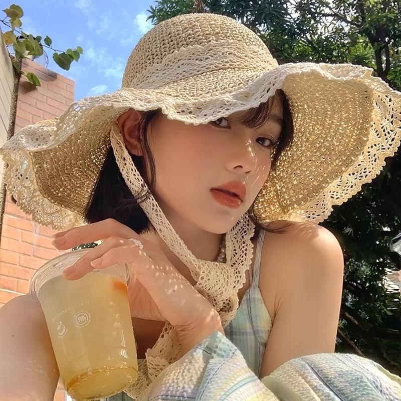 草帽ins海边帽子系带镂空草编帽女出游防晒沙滩太阳帽蕾丝遮阳帽