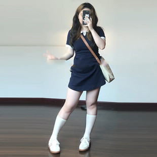 高货大码 微胖mm显瘦纯欲风辣妹正肩 小个子撞色V领短袖 连衣裙夏季