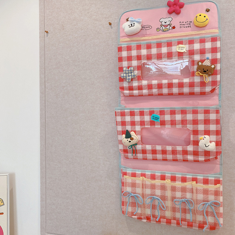 hd1212a15文艺甜美格纹分层壁挂收纳袋居家寝室杂物门后收纳挂袋