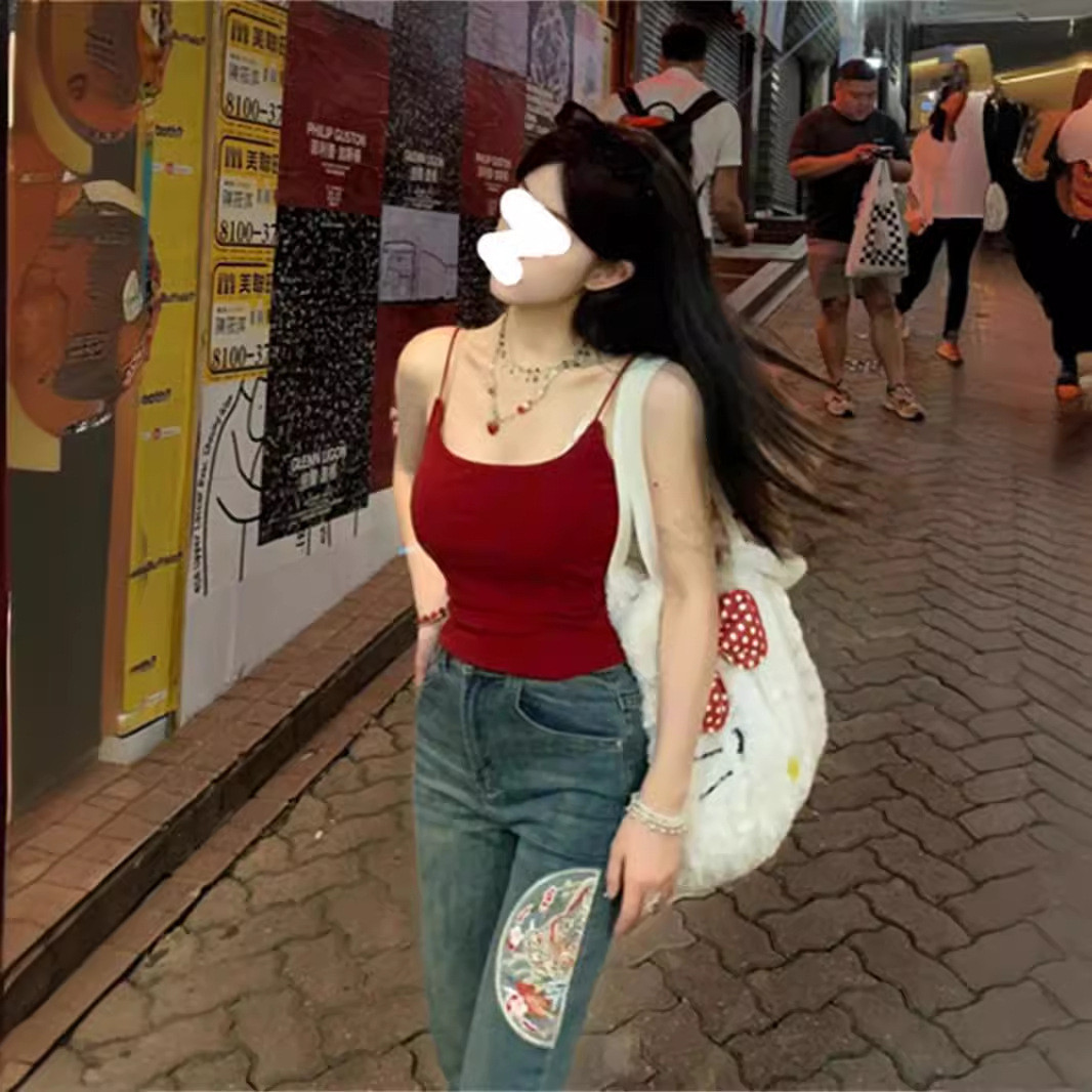 海边穿搭港风复古性感红色露背自带胸垫吊带背心女设计感小众美背