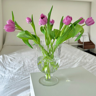 大口高脚杯花瓶高透玻璃大号条纹法式中古感鲜切插花透明居摆件