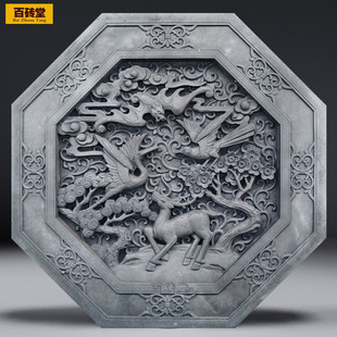 仿古砖雕多边形中式影壁墙面砖壁照背景装饰古建青砖壁画水泥浮雕