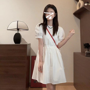 新款 新品 连衣裙女夏季 法式 气质宽松显瘦a 圆领抽绳收腰设计泡泡袖