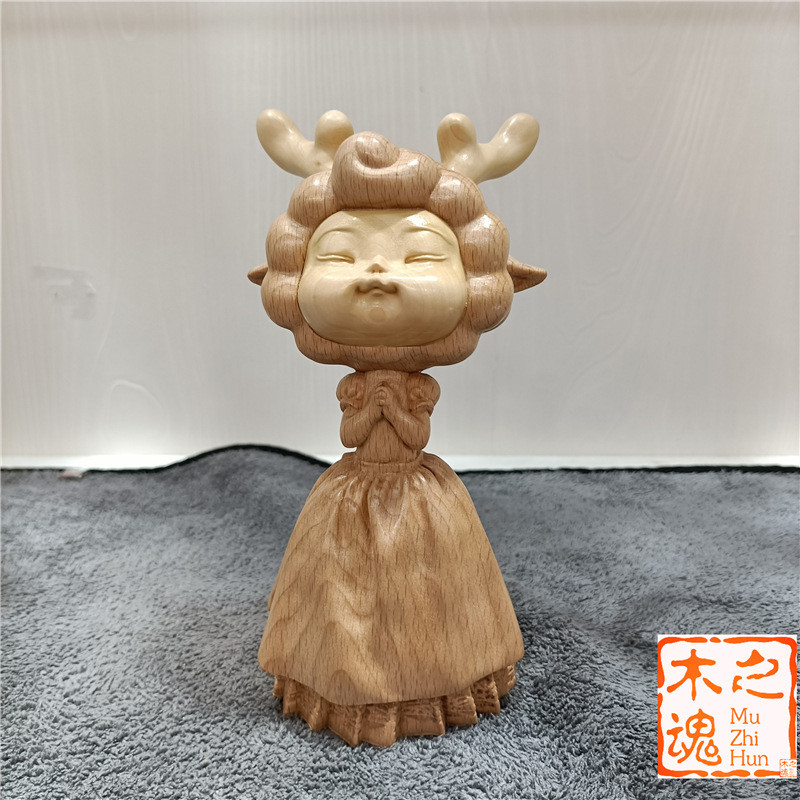 黄杨木雕刻客厅装饰品红木鹿少女手把件可爱姐姐家居工艺品车摆件