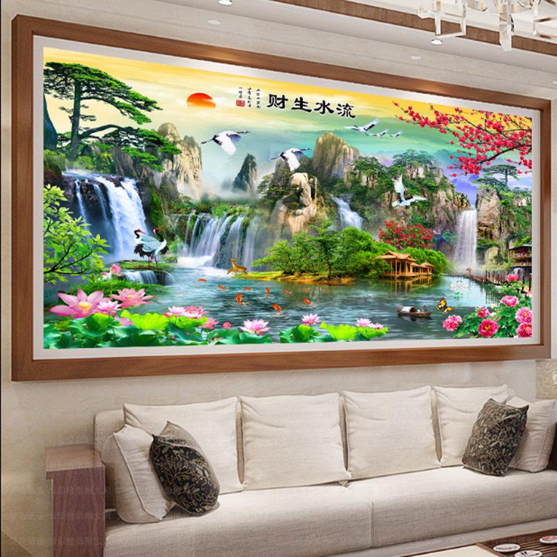 印花十字绣新款流水生财之书房迎客松山水画客厅大幅满绣