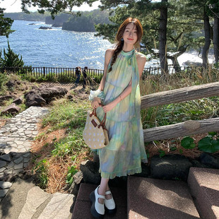 甜美设计感晕染薄荷曼波绿色挂脖连衣裙仙女夏季 速发法式 海边度假