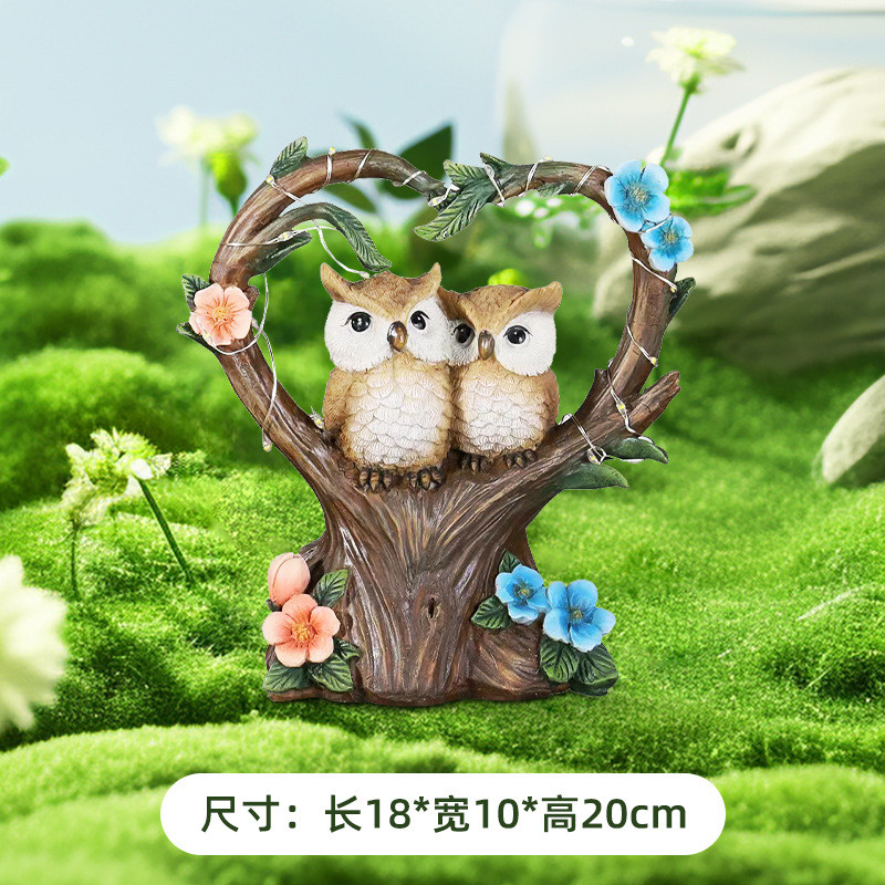 户外装饰仿真树脂花园摆件庭院景观布置小夜灯心形情侣鸟太阳能灯