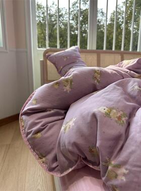 紫色双层纱花篮小兔床上四件套全棉纯棉1.5m1.8米被套床单三件套
