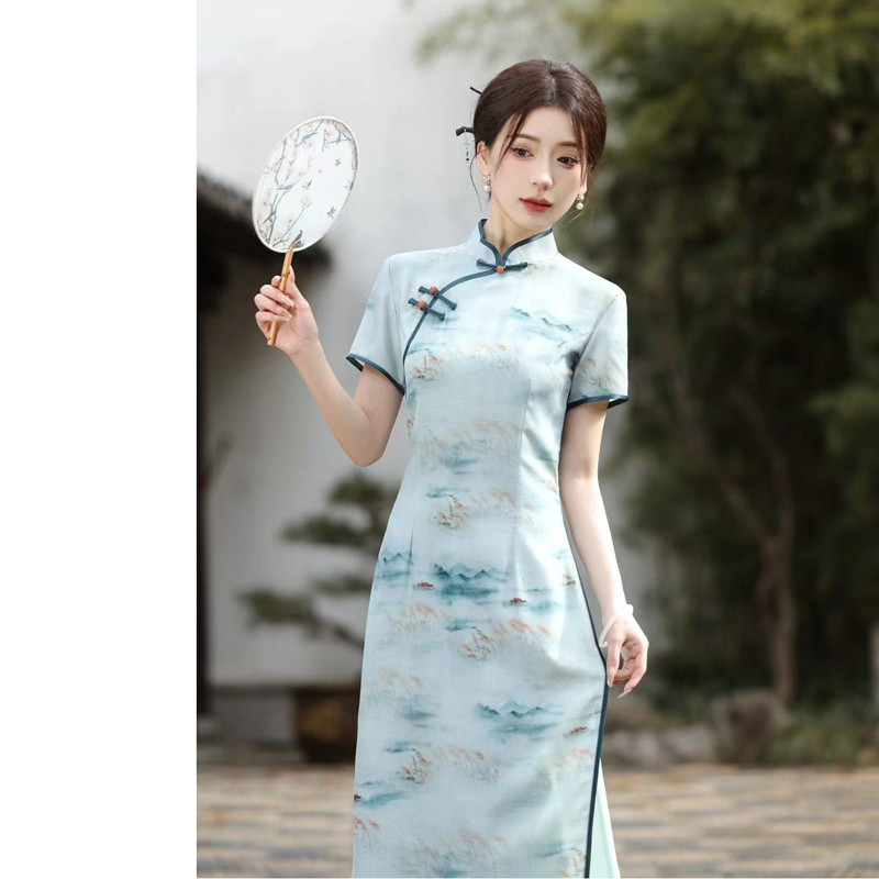 新品奥黛旗袍改良版连衣裙中年女妈妈万里图江山礼服年轻春夏装中