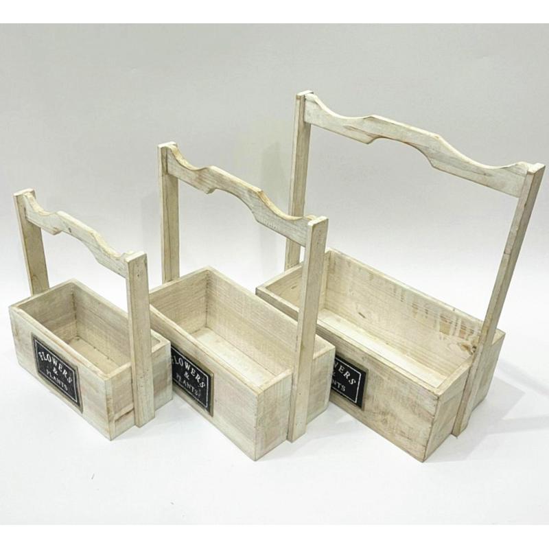 园艺装饰摆件套三简洁手柄木花盆带设计植物种植花盆家居收纳盒