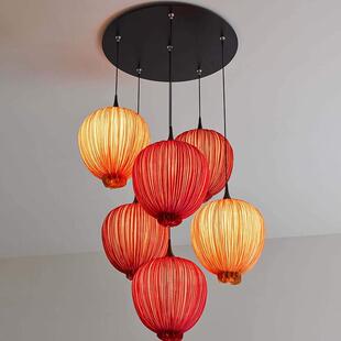 新中式餐厅布艺吊灯客厅卧室吧台别墅复式楼梯装饰灯复古灯笼灯具