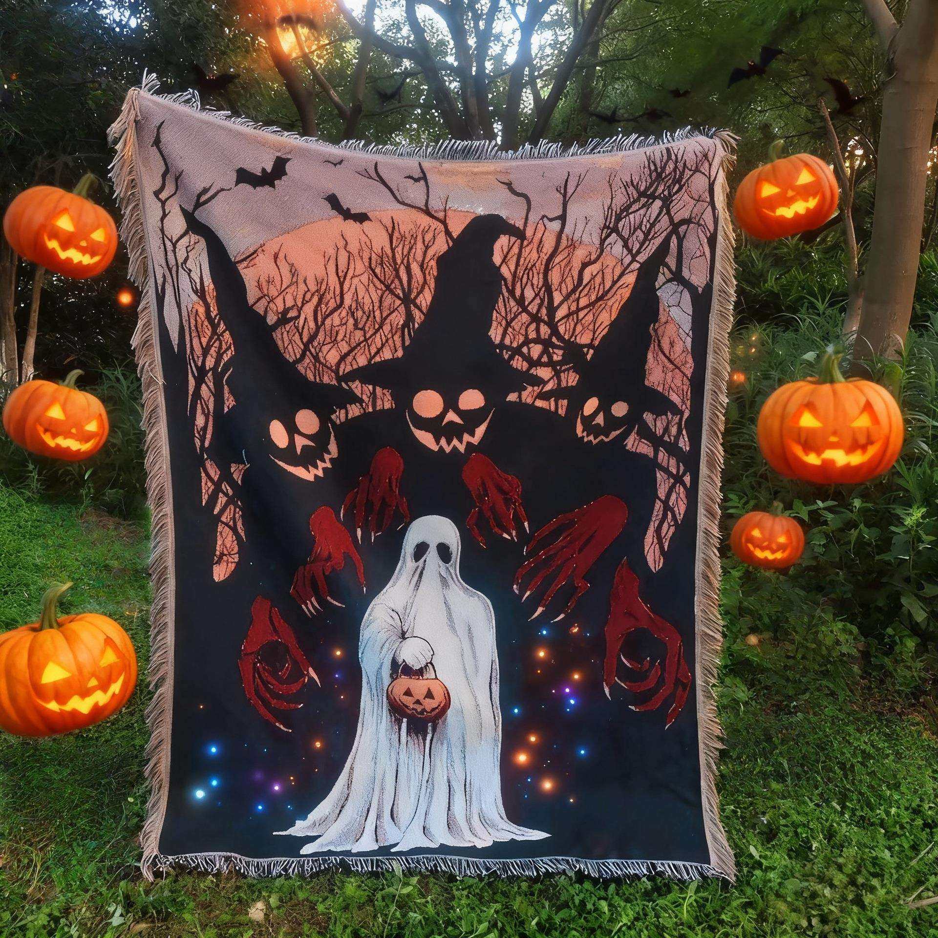 万圣节主题幽灵节日装饰挂毯沙发巾线毯户外露营地毯氛围感背景布