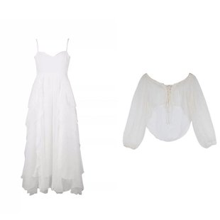 海边度假白色连衣裙子夏季森系收腰仙女吊带沙滩长裙长袖开衫套装