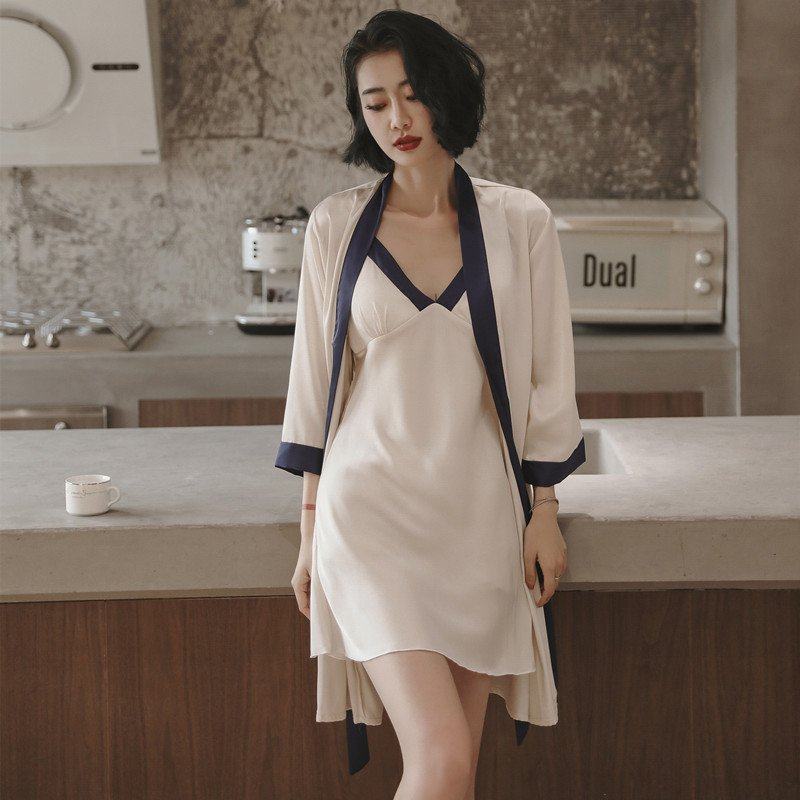 睡裙女夏季春秋款冰丝绸吊带胸垫长袖睡袍家居服两件套小性感睡衣,女士内衣/男士内衣/家居服,睡袍/浴袍,淘宝优惠券,粉丝福利购,淘宝优惠卷