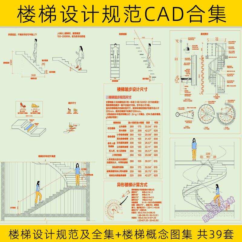 楼梯cad图纸室内旋转楼梯扶梯平立面节点大样剖面施工图素材合集