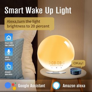 智能WiFi语音闹钟唤醒灯 APP控制日出日落叫醒伴睡七彩床头台灯