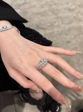 《西柚氧》925银戒指女宫廷复古风星芒满钻轻奢ins小众新款食指戒