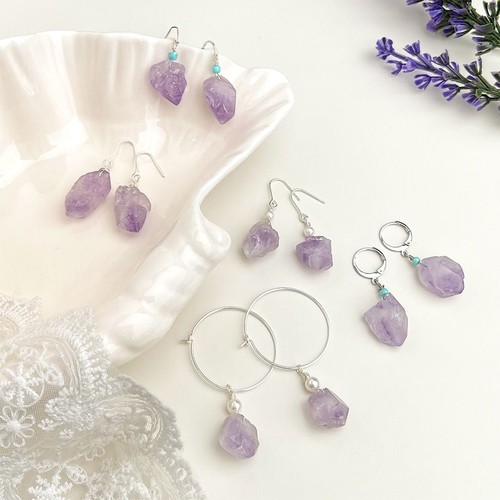 《西柚氧》天然石紫水晶石原创薰衣草紫耳饰夏优雅夏天女手工饰品