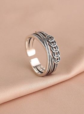 《西柚氧》925纯银五帝钱国潮风小众复古戒指钱币开口指环招财女