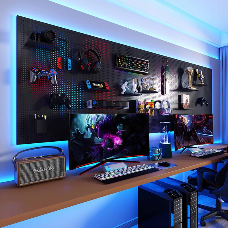 电竞房洞洞板铁艺不锈钢冲孔挂钩置物架黑色收纳整理洞洞墙面挂板