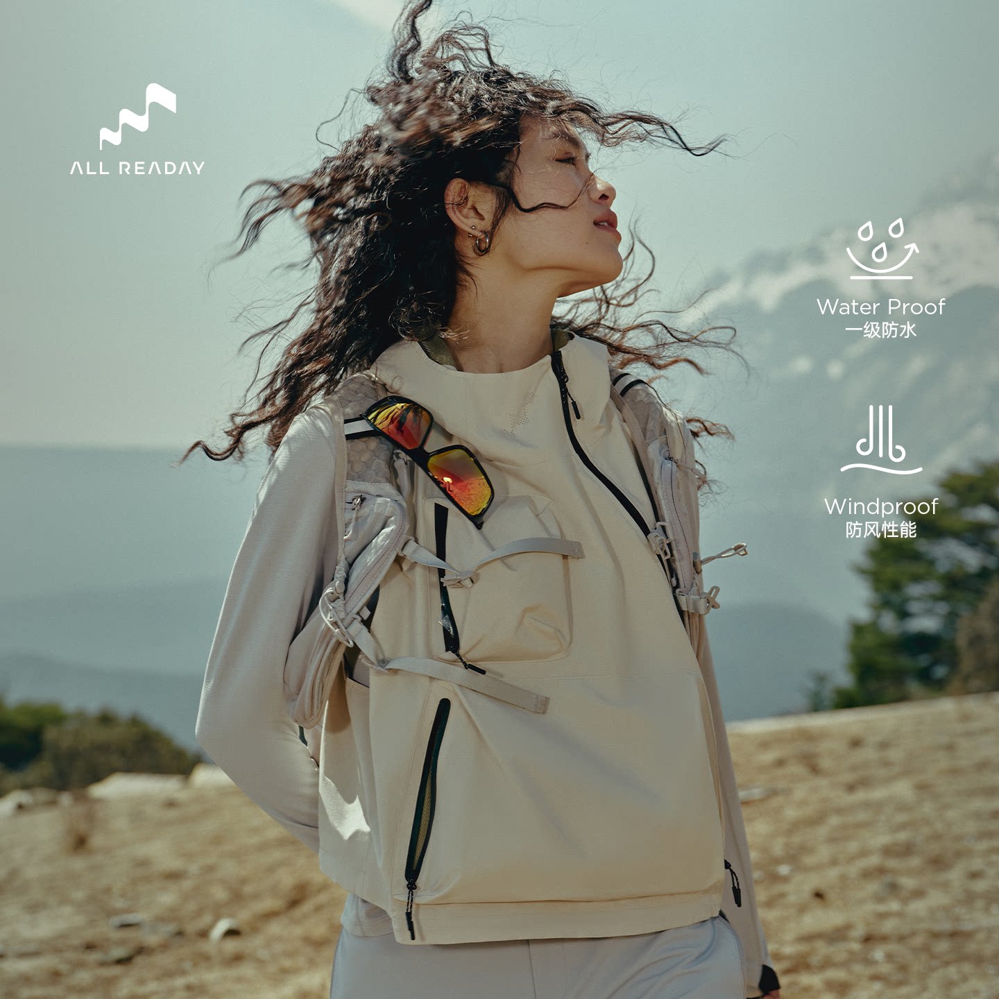 ALLREADAY新奇天 徒步马甲女户外防水跑步多口袋冲锋马甲背心男