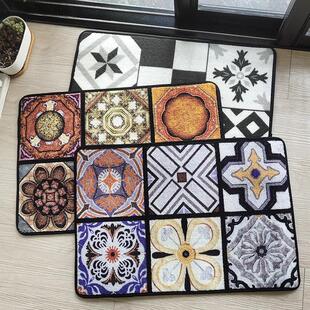 特 地中海格子地砖花纹吸水防滑地垫卧室门垫入户地毯复古花砖垫