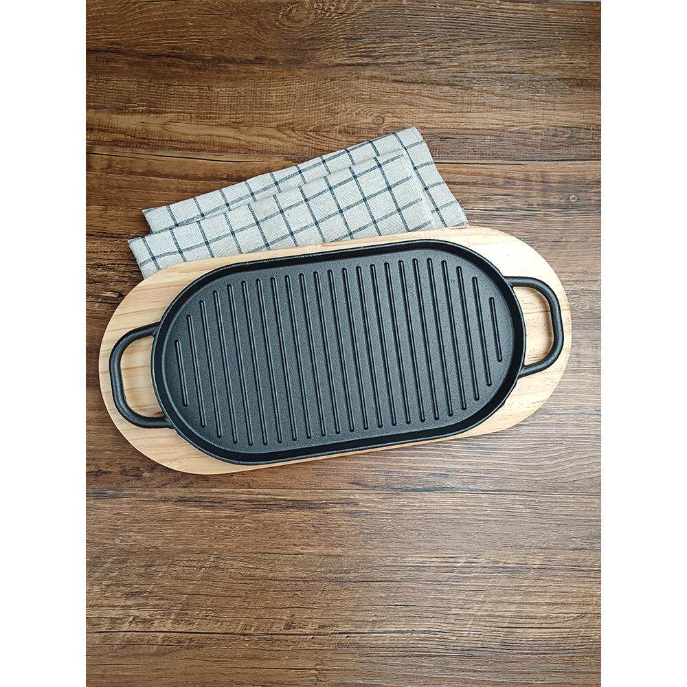 加厚铸铁战斧牛排铁板烧盘家用不粘条纹煎盘商用无涂层牛扒烤肉盘