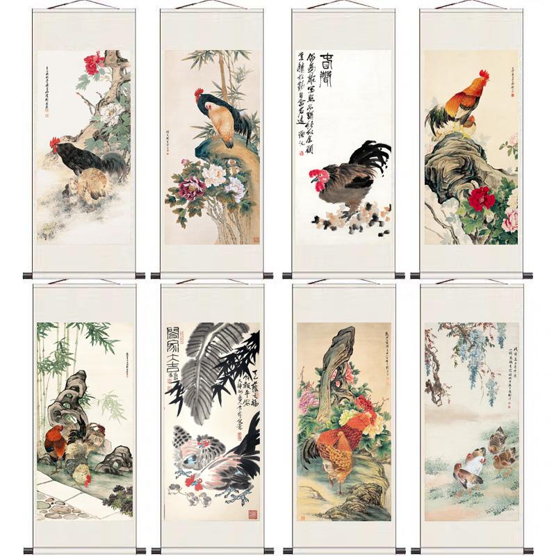 国画大公鸡斗方形字画客厅装饰画餐厅玄关中式画徐悲鸿鸡鸣富贵图图片