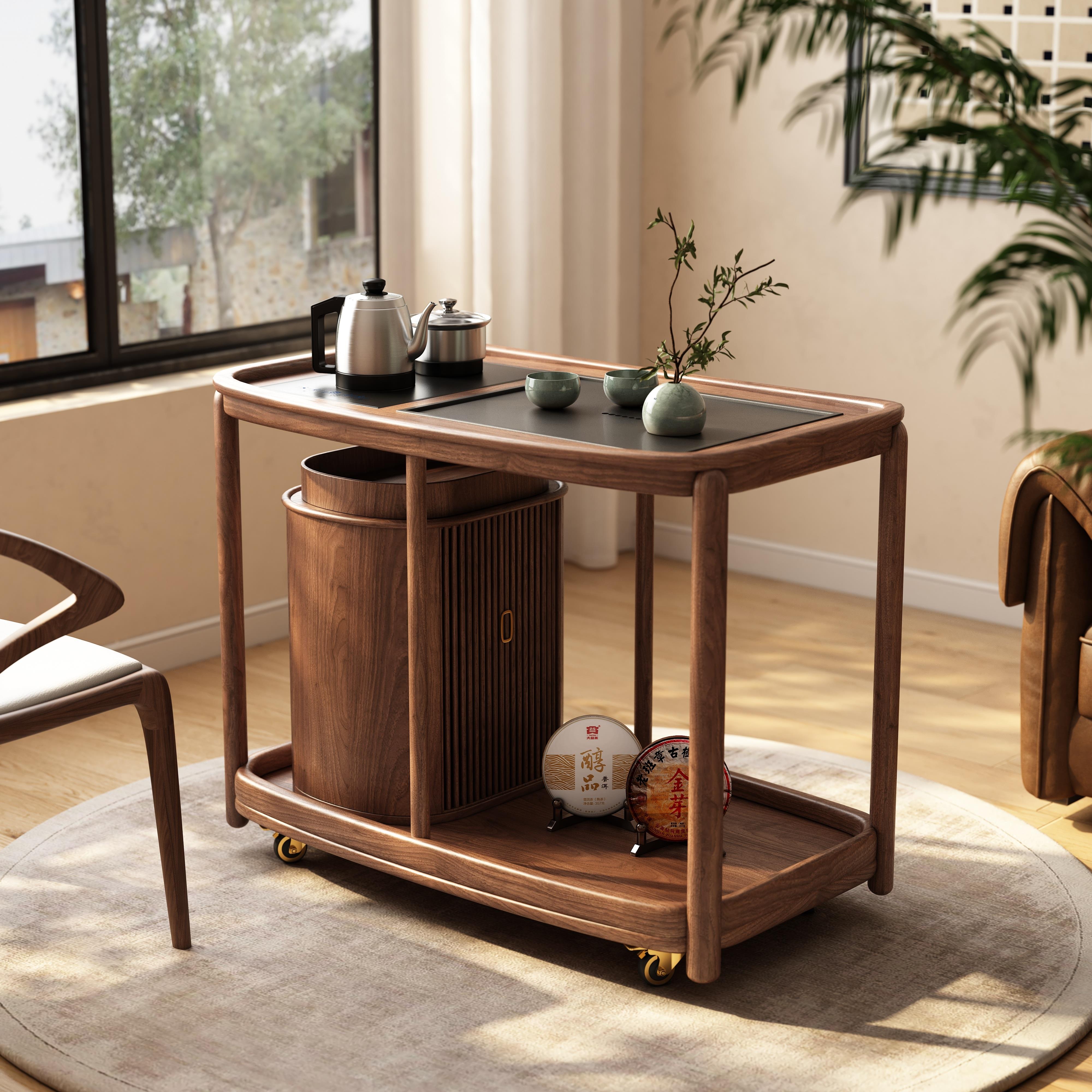 实木阳台茶桌家用小户型现代简约新中式茶台桌黑胡桃色移动小茶车