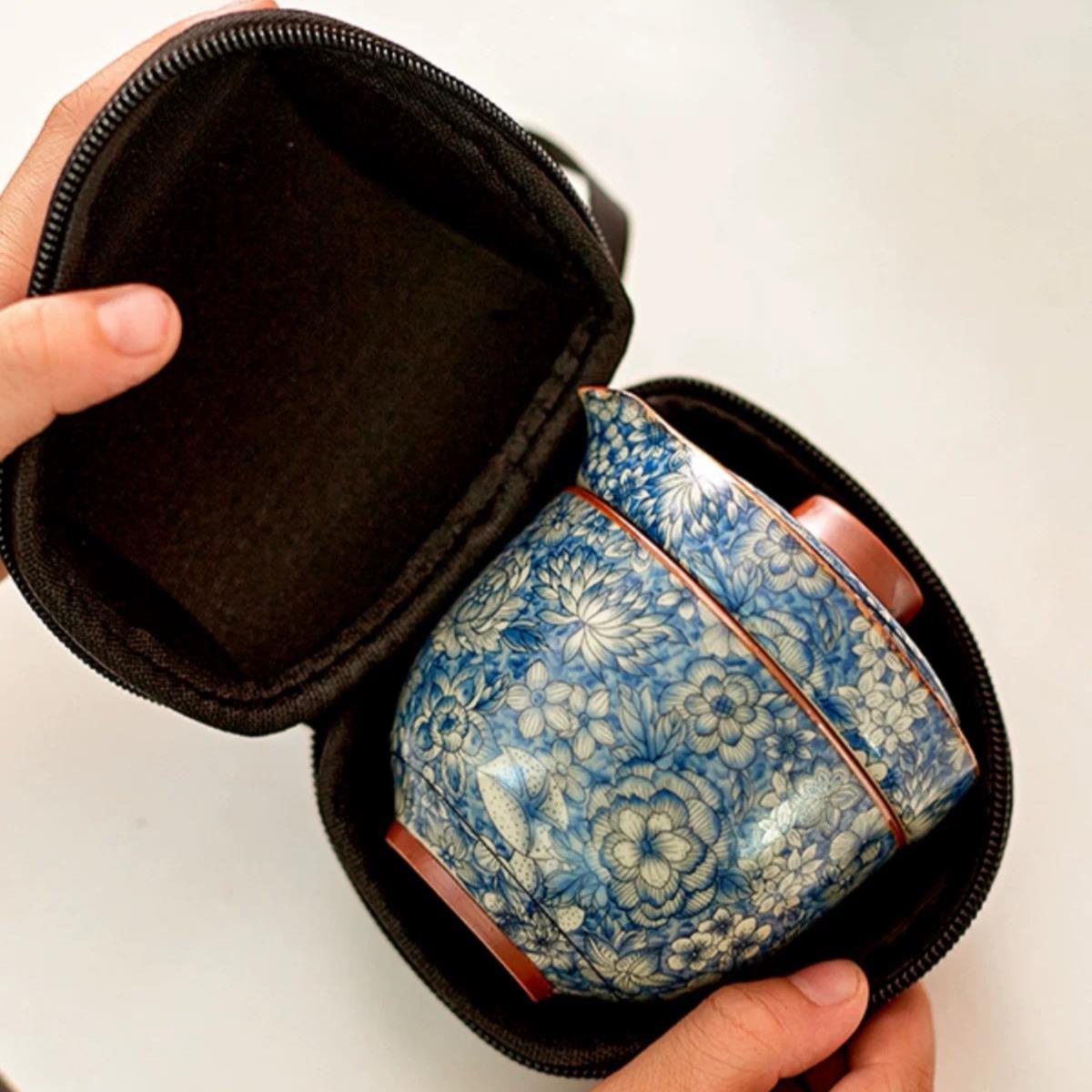 汝窑陶瓷旅行茶具便捷式带包一壶三杯高颜值全套办公室专用泡茶器