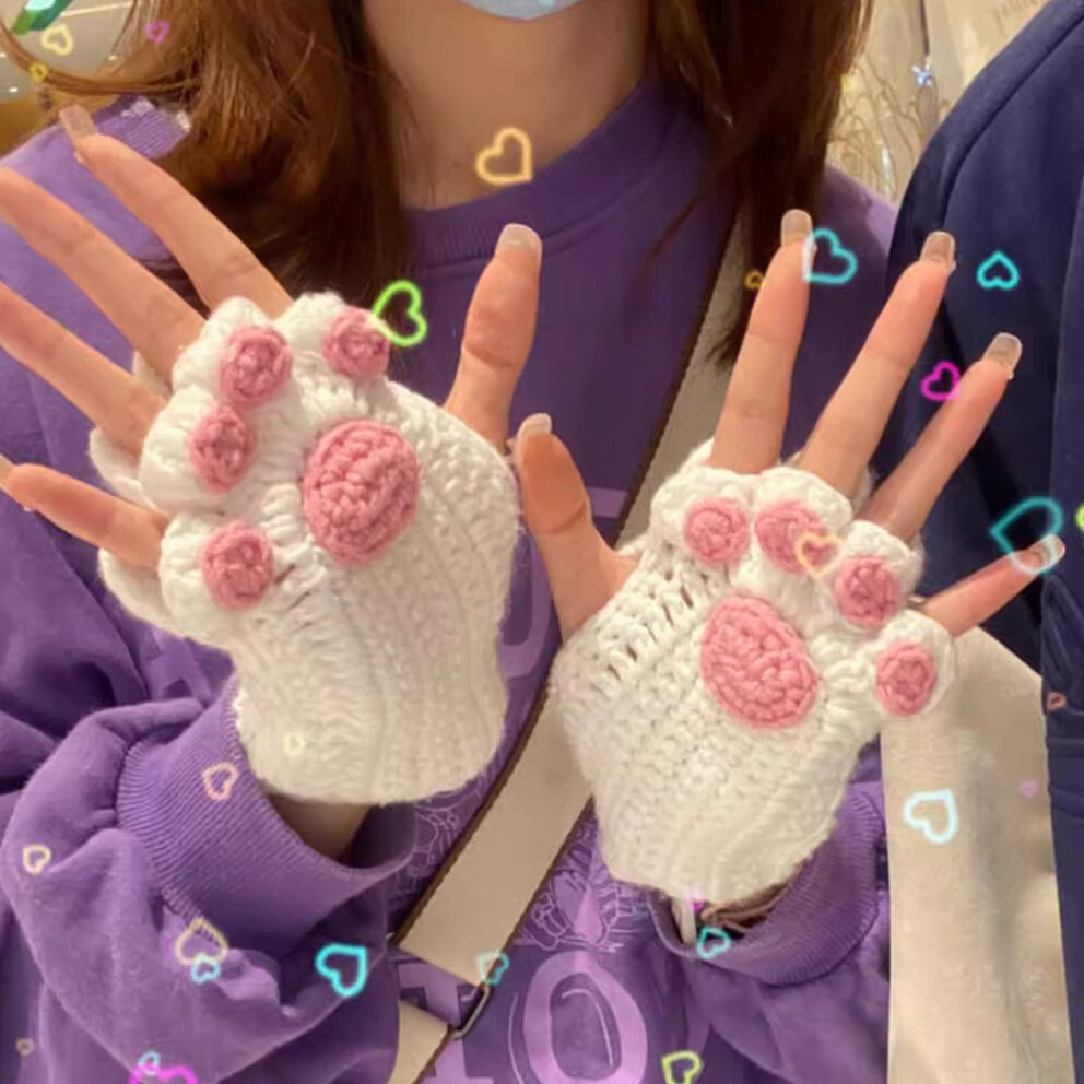猫爪手套手工毛线团编织半指diy材料包成品手织围巾女友冬季礼物