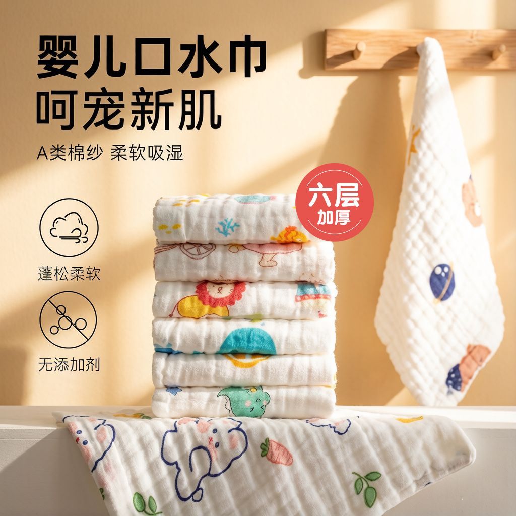 六层高密纯棉婴儿纱布吸水口水巾