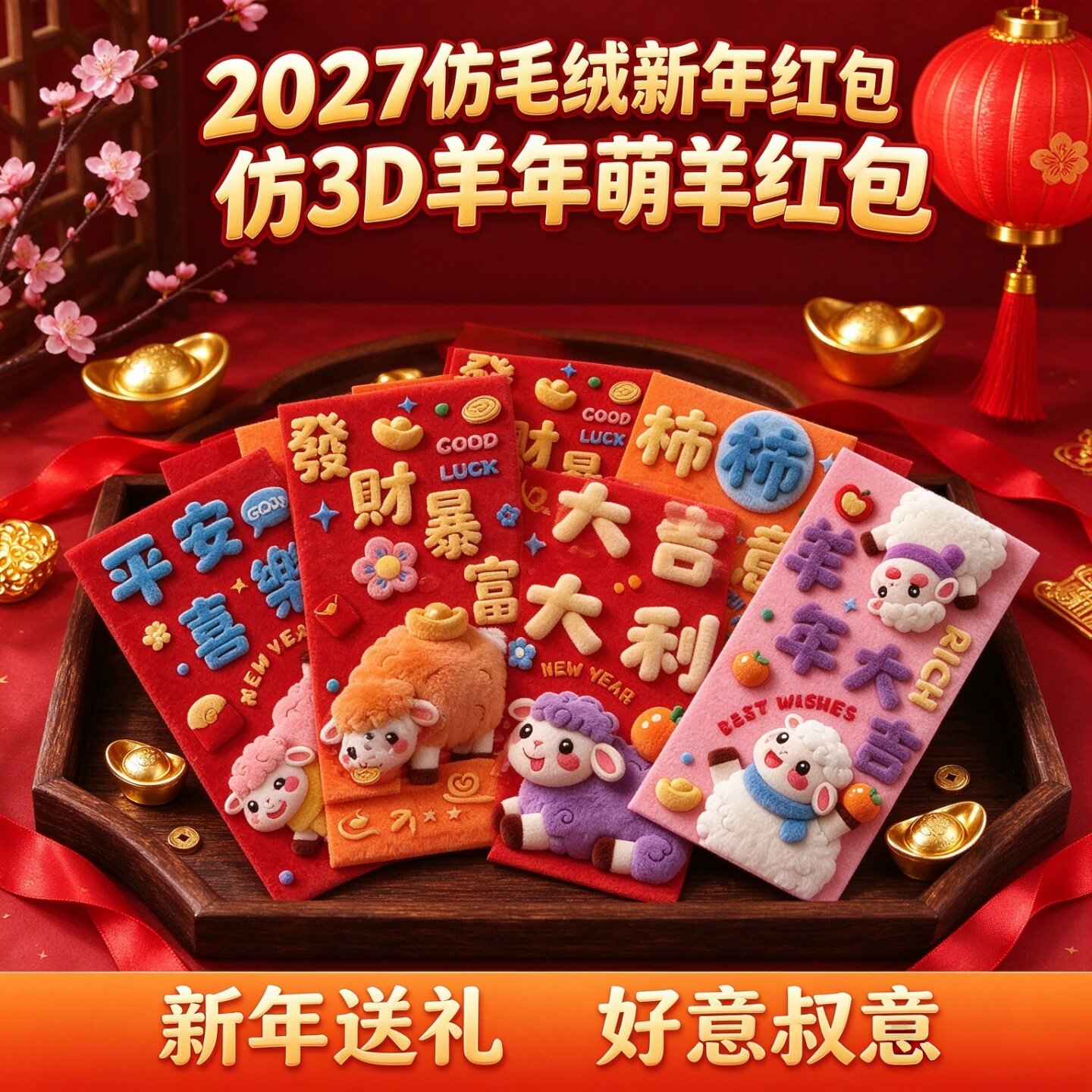 2027羊年3D仿刺绣利是封红包