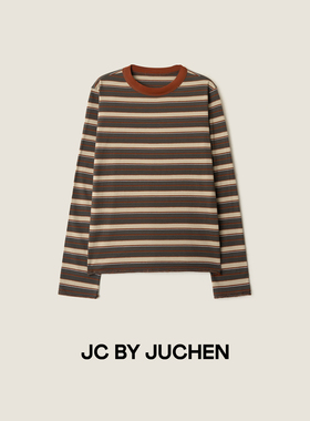 复古美学多彩条加厚舒适棉质撞色条纹宽松百搭长袖T恤 FW105477