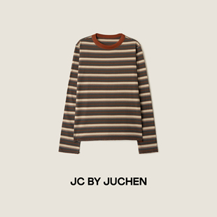 复古美学多彩条加厚舒适棉质撞色条纹宽松百搭长袖T恤 FW105477