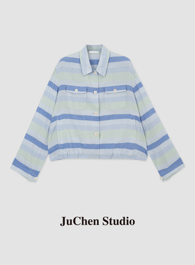 “去野餐吧”春夏清蓝条纹亚麻棉透气轻薄宽松衬衫女外套SS123401