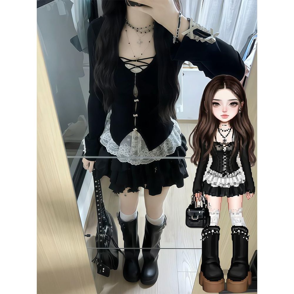 2025秋季辣妹轻亚穿搭两件套装女拼接假两件上衣短裙