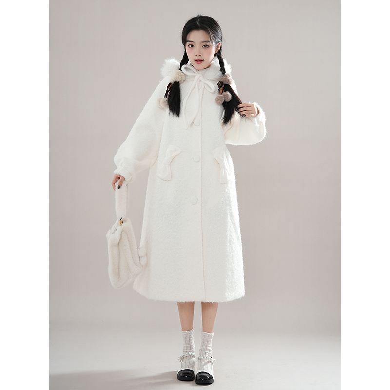 白色小熊 甜美学院风设计感毛呢外套秋冬新款氛围感中长呢子大衣