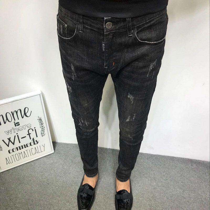 夏季时尚男士社交精神男孩黑色紧身牛仔裤男士休闲时尚修身九分裤