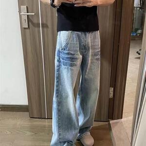 Promiseme水洗闪电纹蓝牛仔裤 美式高街休闲 微辣垂感男女百搭