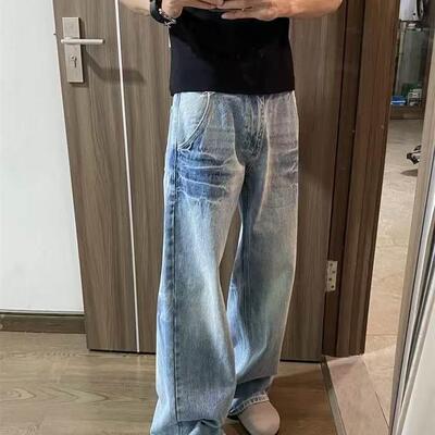 Promiseme水洗闪电纹蓝牛仔裤 美式高街休闲 微辣垂感男女百搭