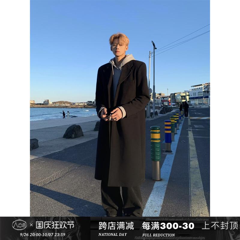 AETS丨秋冬高级感针织大衣男中长款过膝韩版风衣宽松加厚垫肩外套