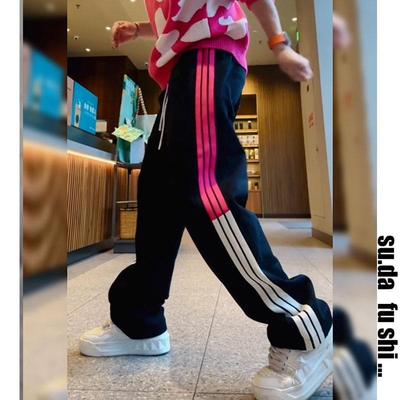 素搭春季新款休闲裤男潮流时尚牛奶面织带创色条纹拼接秋直筒裤男