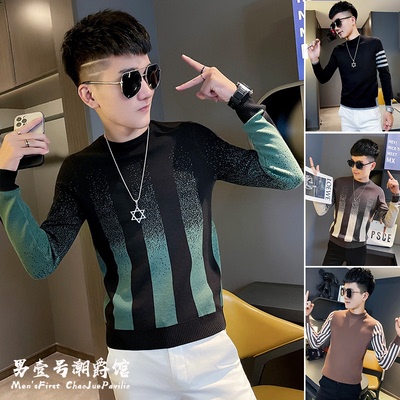 秋冬痞帅炸街毛衣男士潮流上衣2024新款爆款半高领内搭针织打底衫