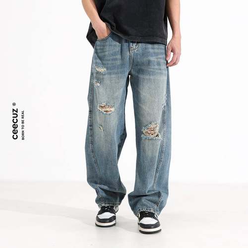 Ceecuz 美式复古vintage重磅水洗破洞牛仔裤男款宽松阔腿弯刀裤