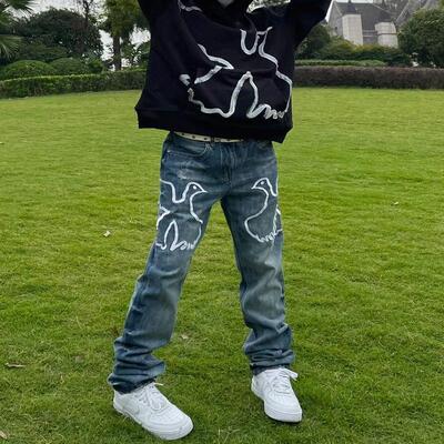美式高街鸽子牛仔裤男刺绣工艺宽松百搭阔腿显瘦潮男vibe直筒春秋
