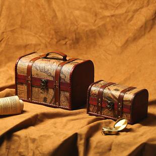 仿古地图航海图带锁藏宝箱复古盒子做旧木盒收纳盒包装拍摄道具